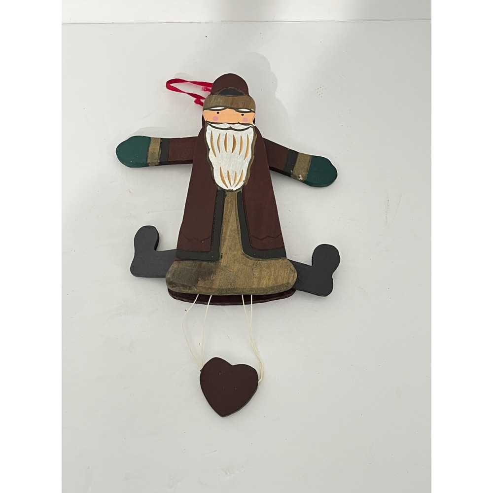 JA Bunco Santa Claus Ornament Pull String Brown Wood Folk Art 1994 Heart Charm